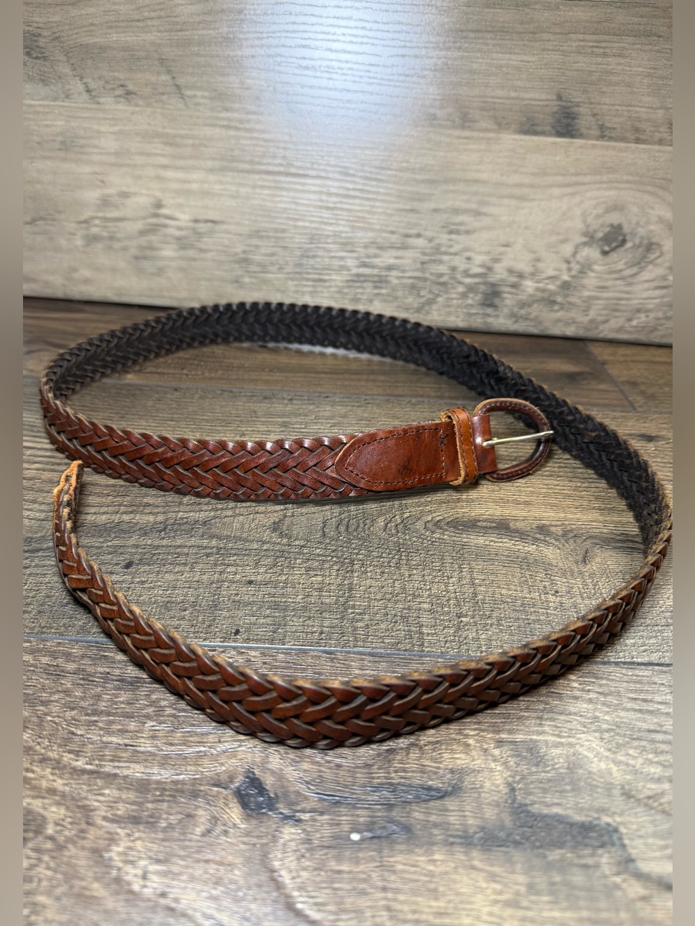 Vintage Brown Braided Leather Belt Made in Mexico Size 36 Brass Hardware